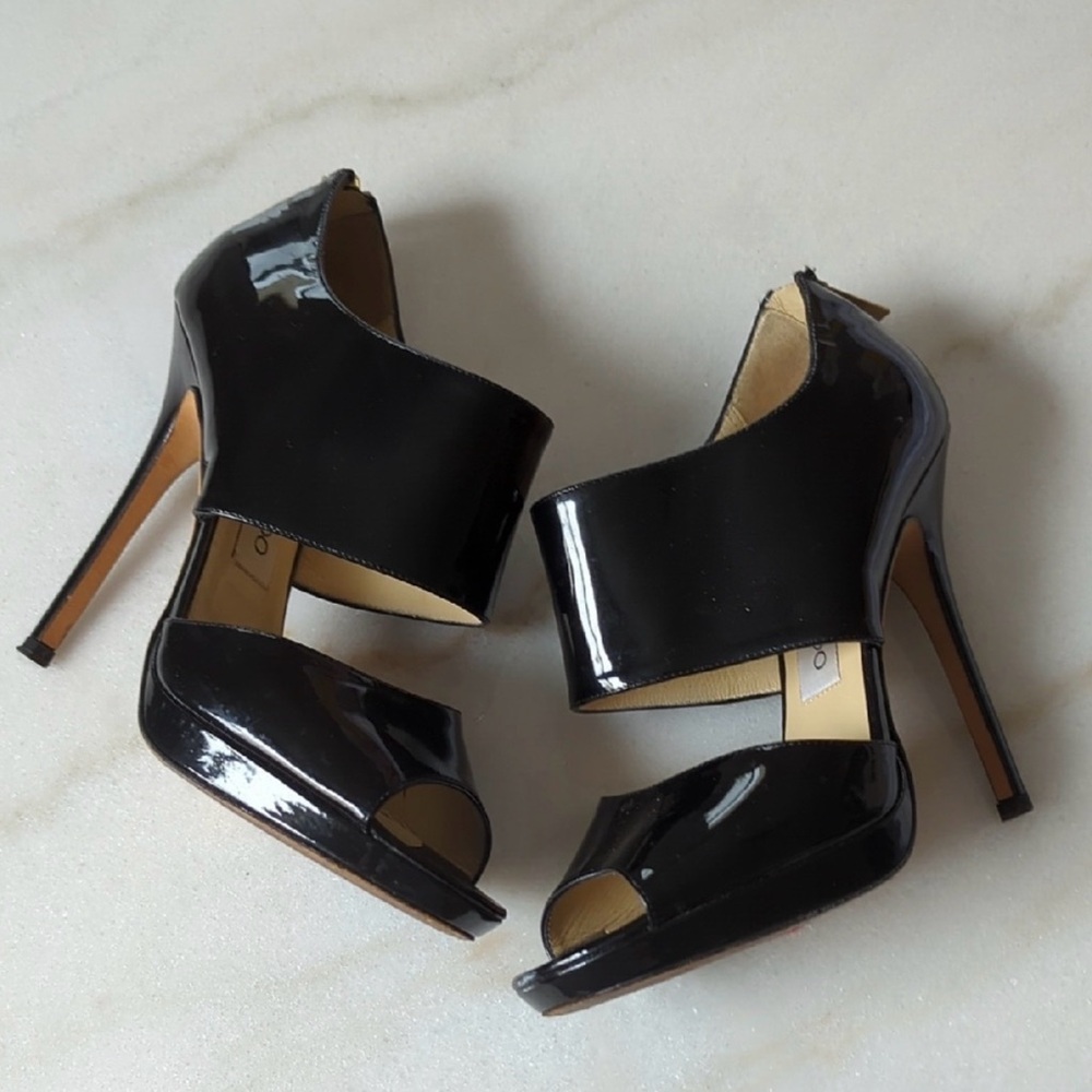 Jimmy Choo Black Patent Leather Stiletto Heels Sz 37.5 Made in Italy